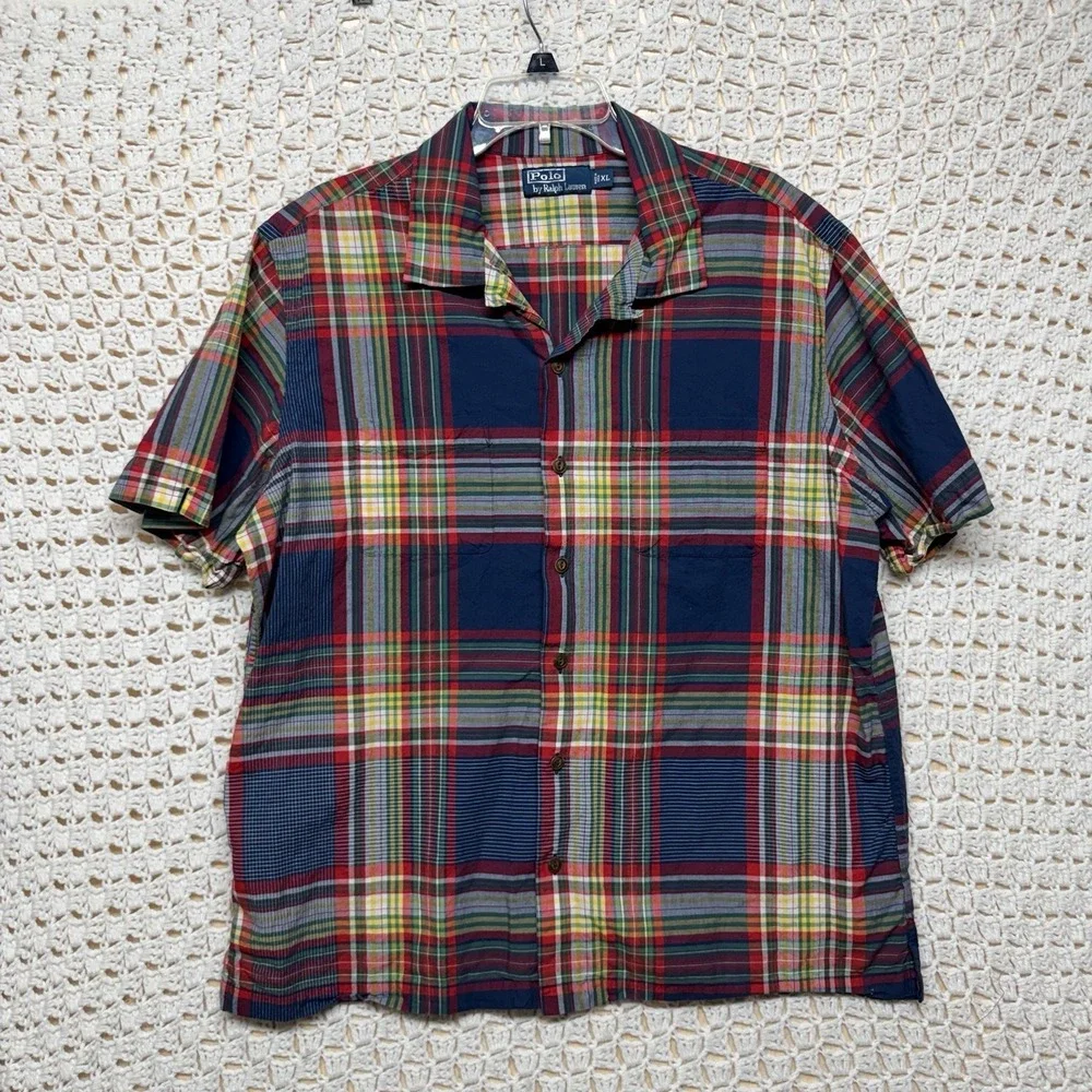 Vintage Polo Ralph Lauren Shirt Mens XL Blue Red Plaid Camp Chest Pockets Collar